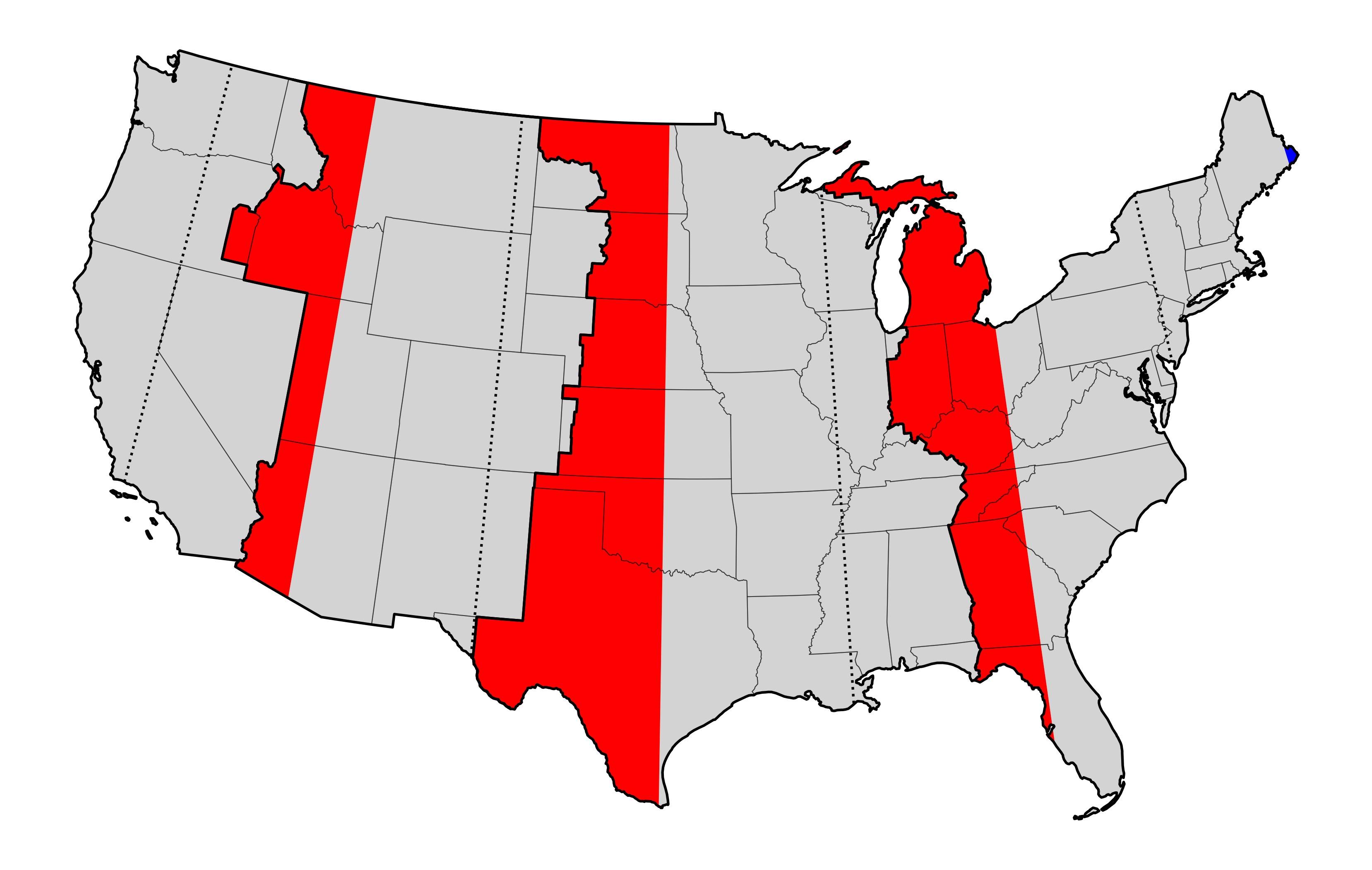 Map of the USA with the centers of each time zone marked and locations that are farther than 30 minutes away from the center shaded.
