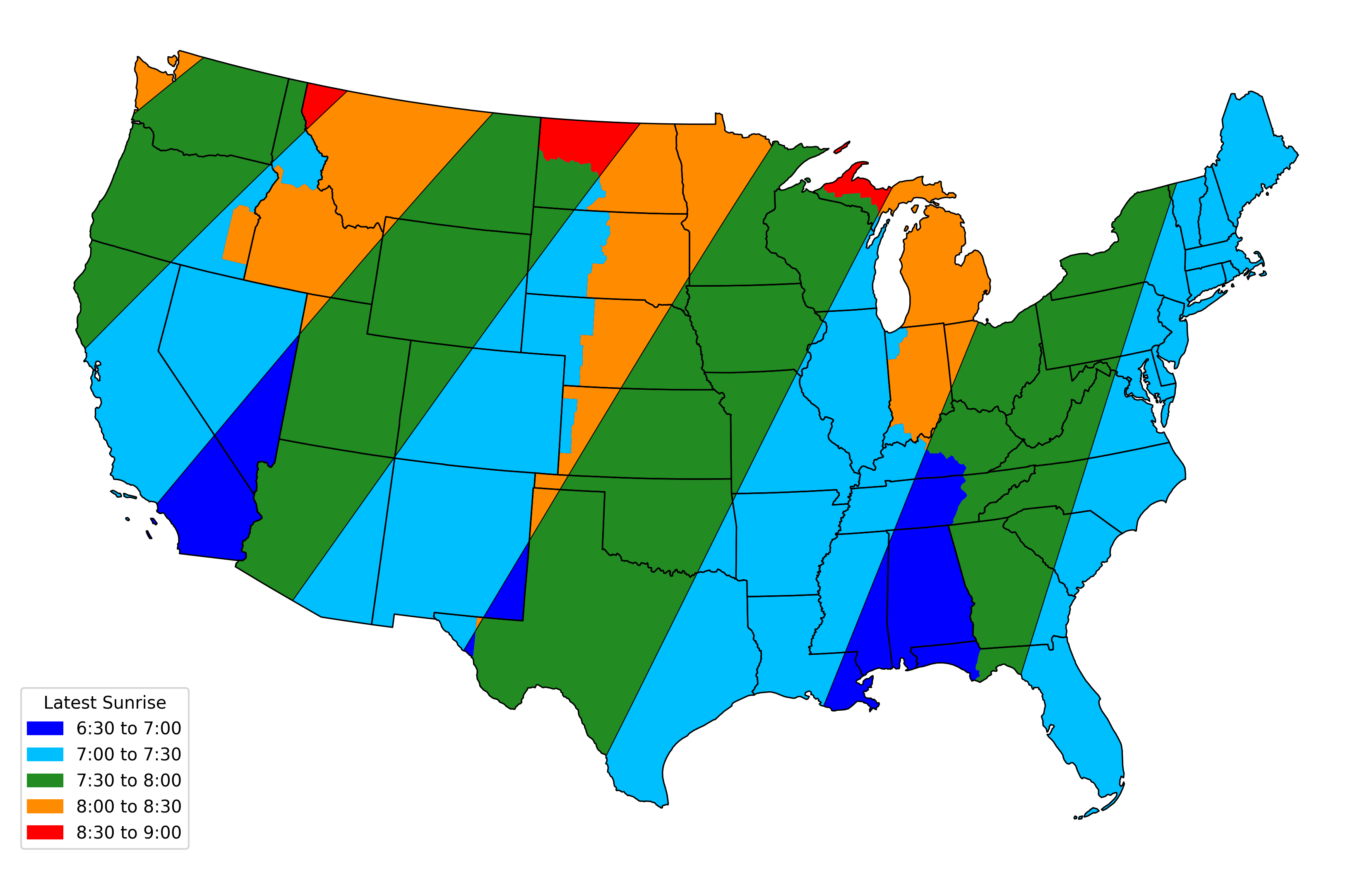 Map of the contiguous USA with latest sunrise times
